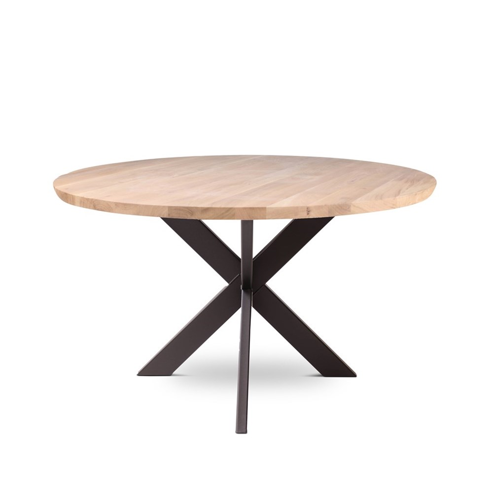 ronde houten tafel met metalen poot